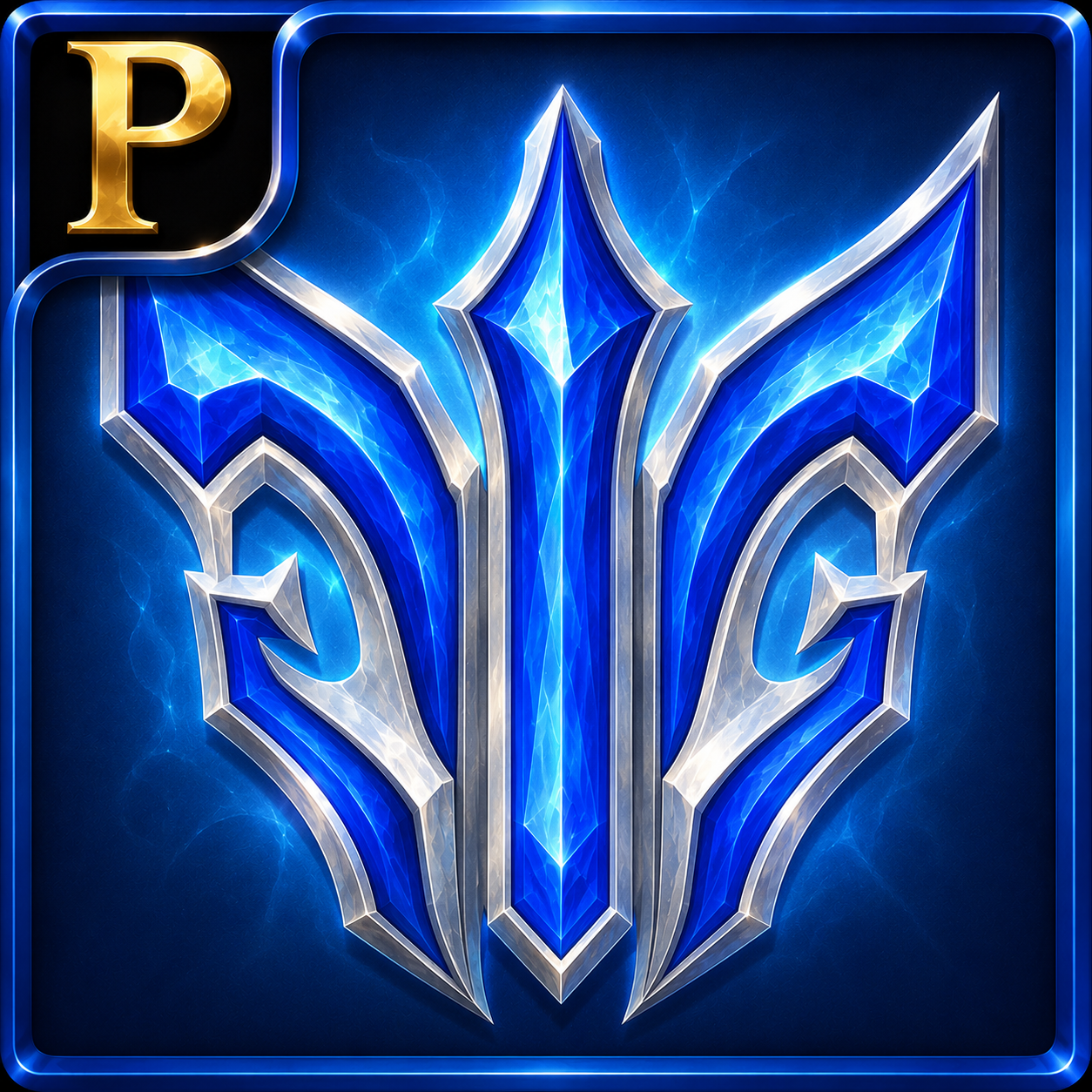 Emblem of Shiva the Destroyer — sapphire-and-silver trident crest crackling with cold fire