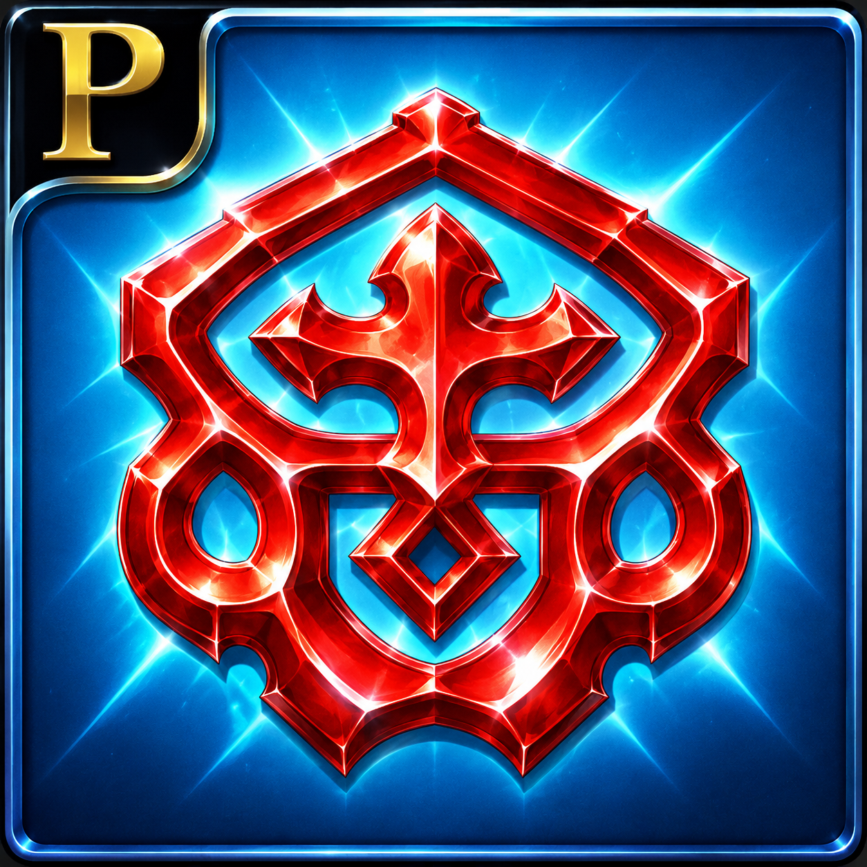 Emblem of Vishnu the Preserver — crimson interlaced crest with a guarding trident