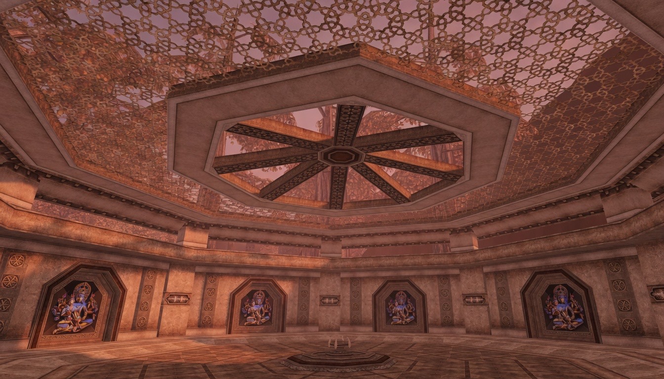 Ornate octagonal temple interior of Arena Durga with towering blue deity statues