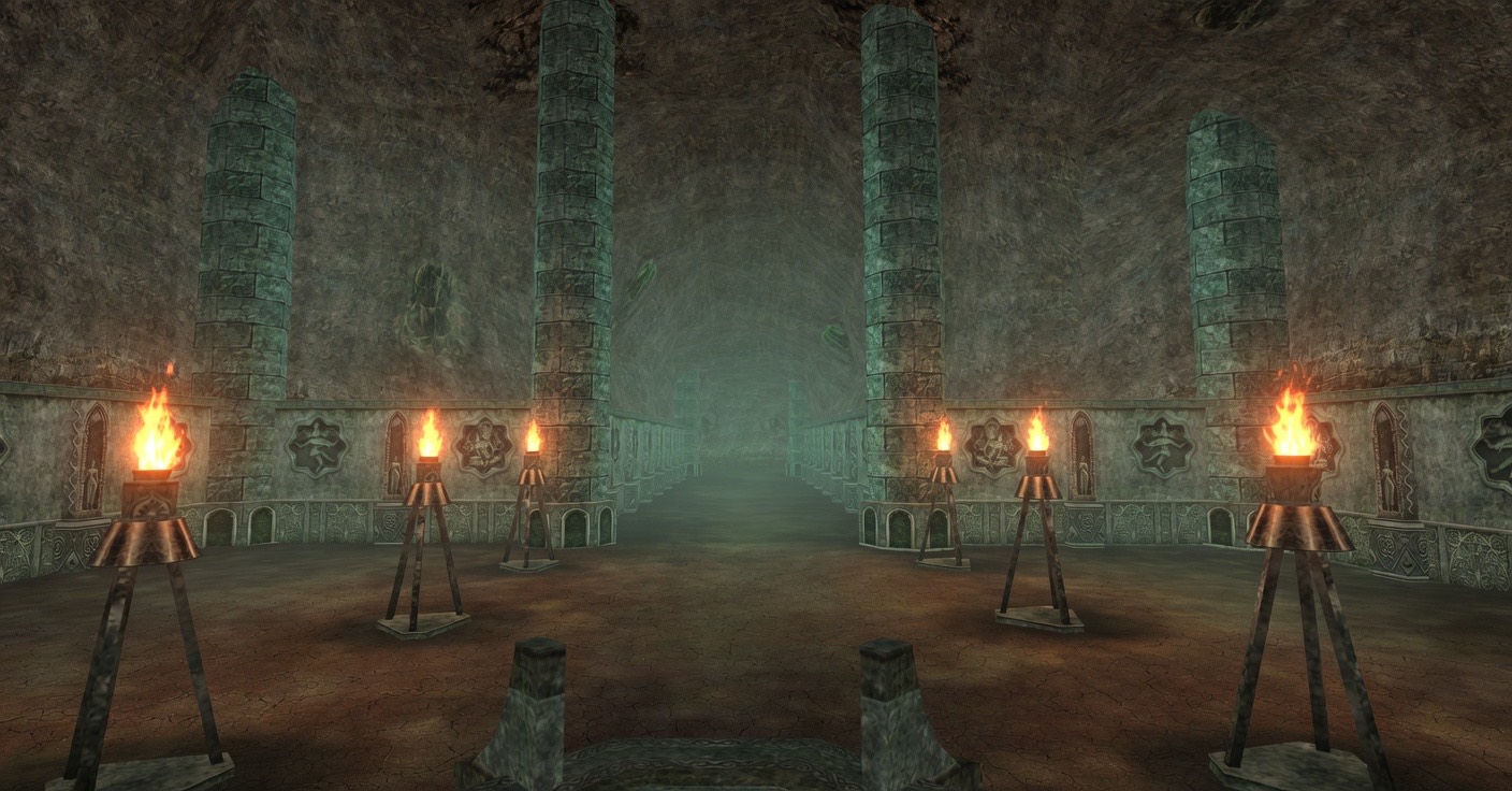The shadowed interior of an ancient dungeon beneath Mandara