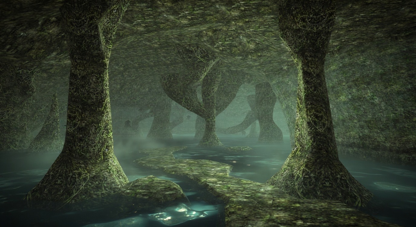 The torch-lit ancient halls of the Shambala Dungeon