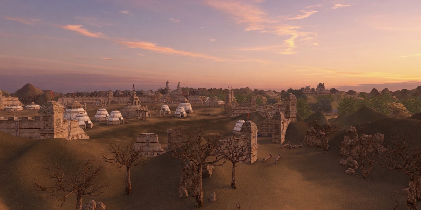 Epic sunset over the tented city of Shambala in the world of Mandara