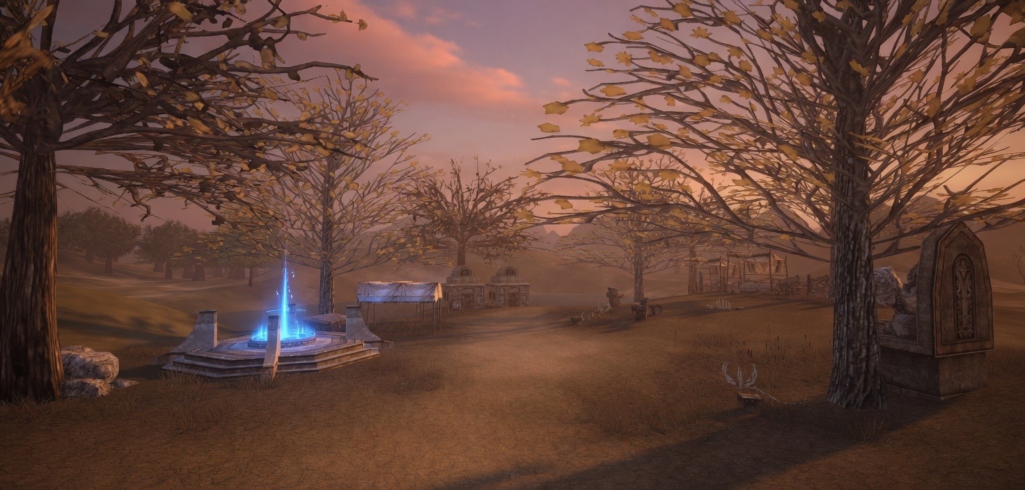 A glowing blue fountain set within an autumn grove in Mandara