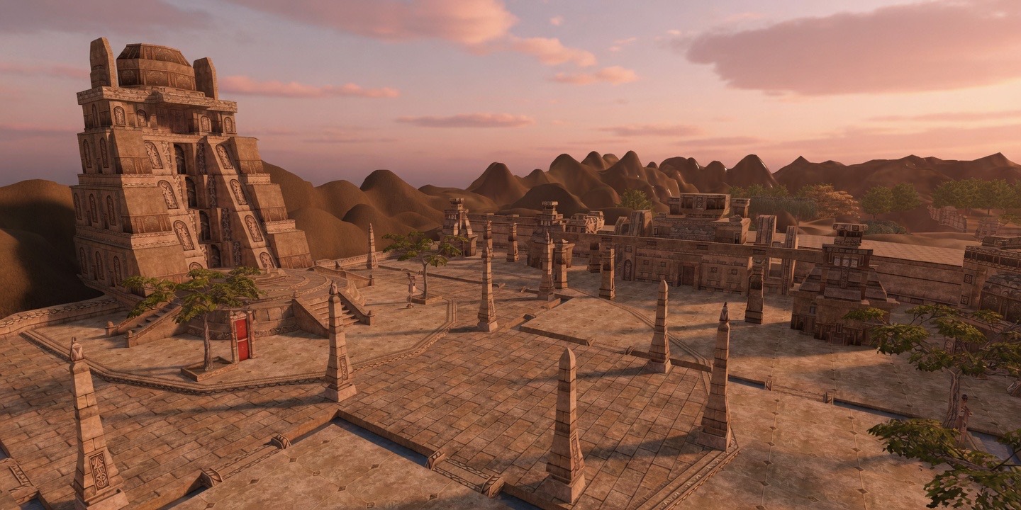 A golden-hour panorama of Shambala calling players to begin